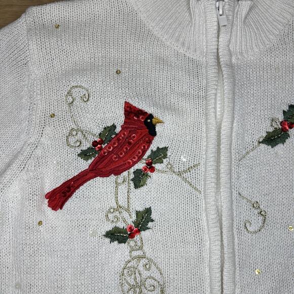 Vintage Tiara International Women M Red Cardinal Holly Cardigan Sweater 90s - Picture 2 of 8